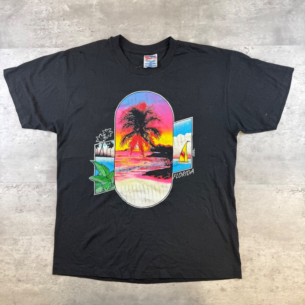 Vintage Hanes Florida Neon Sunset Graphic T-Shirt Black Large 50/50 SingleStitch
